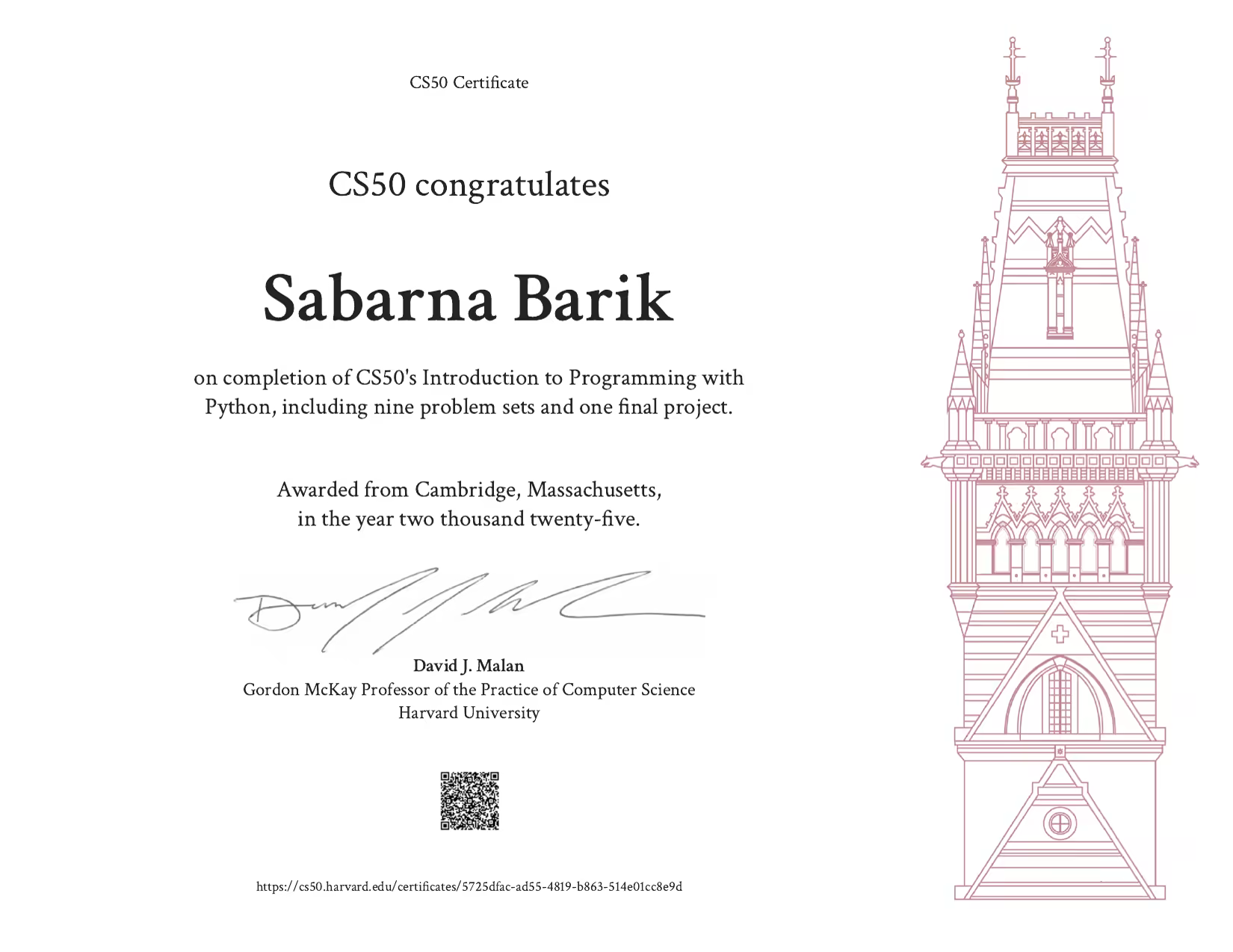 CS50's Introduction to Programming with Python (CS50P) certificate, issued by Harvard University via CS50 / edX, 2025