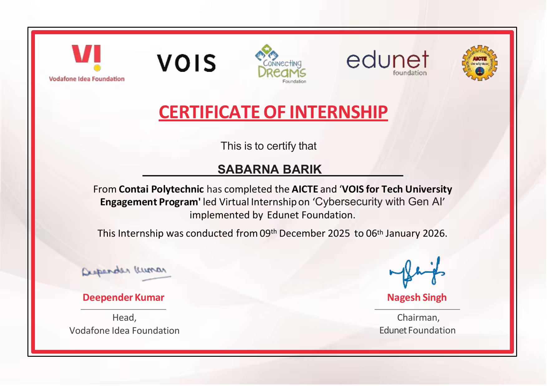 Cybersecurity with Generative AI — Virtual Internship certificate, issued by Edunet Foundation (AICTE · VOIS for Tech) via AICTE / Edunet, 2026