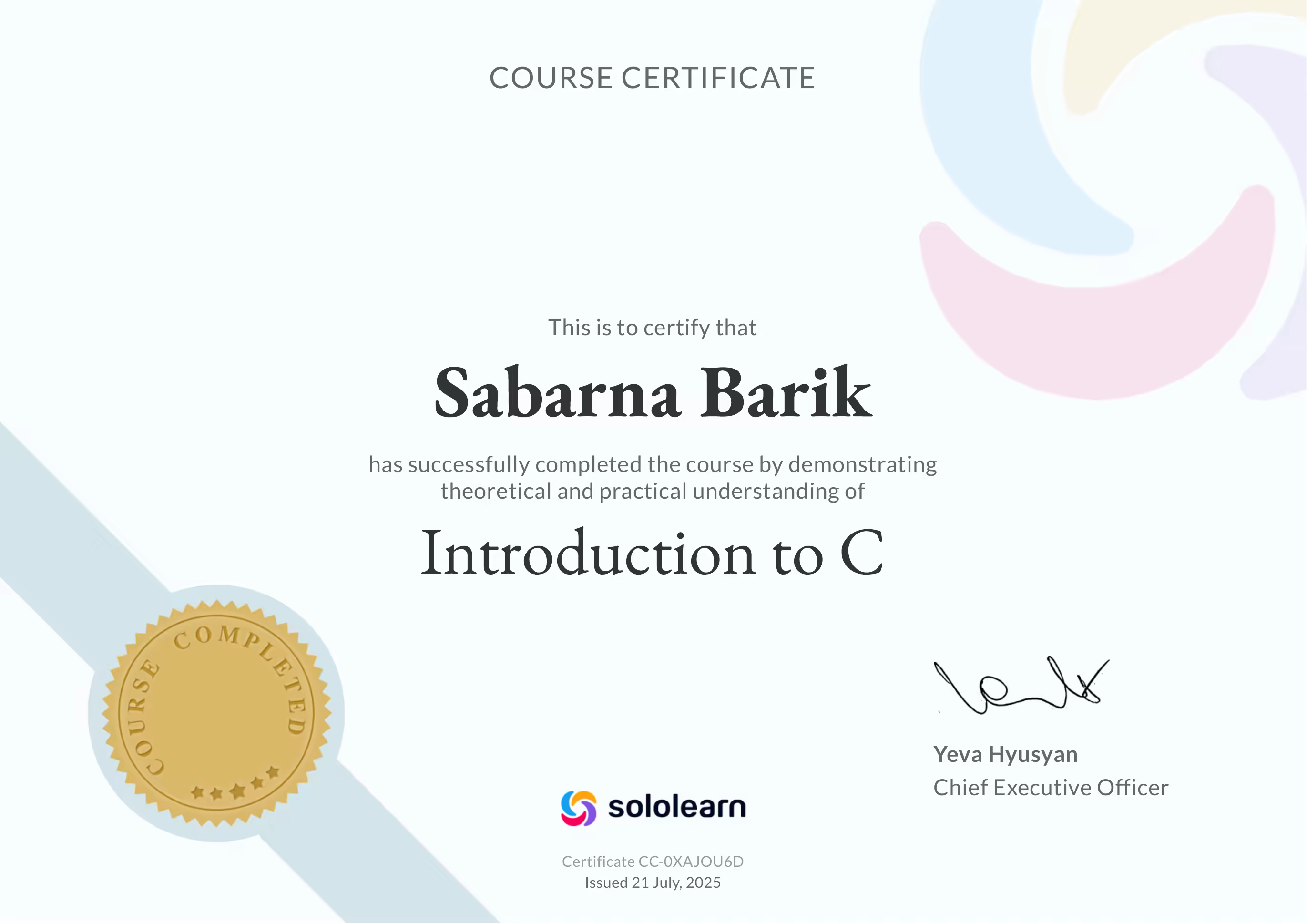 Introduction to C certificate, issued by SoloLearn via SoloLearn, 2025