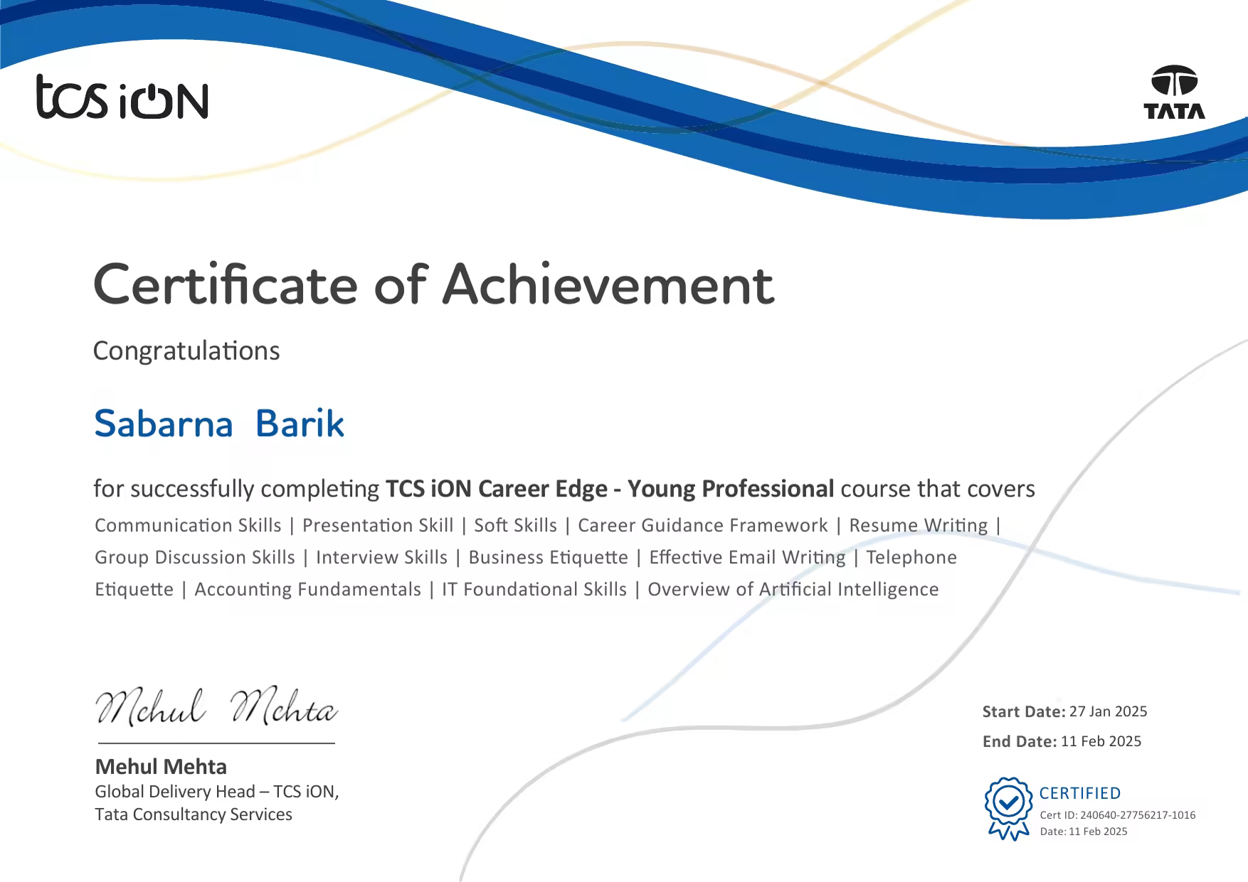 TCS iON Career Edge — Young Professional certificate, issued by Tata Consultancy Services via TCS iON, 2025